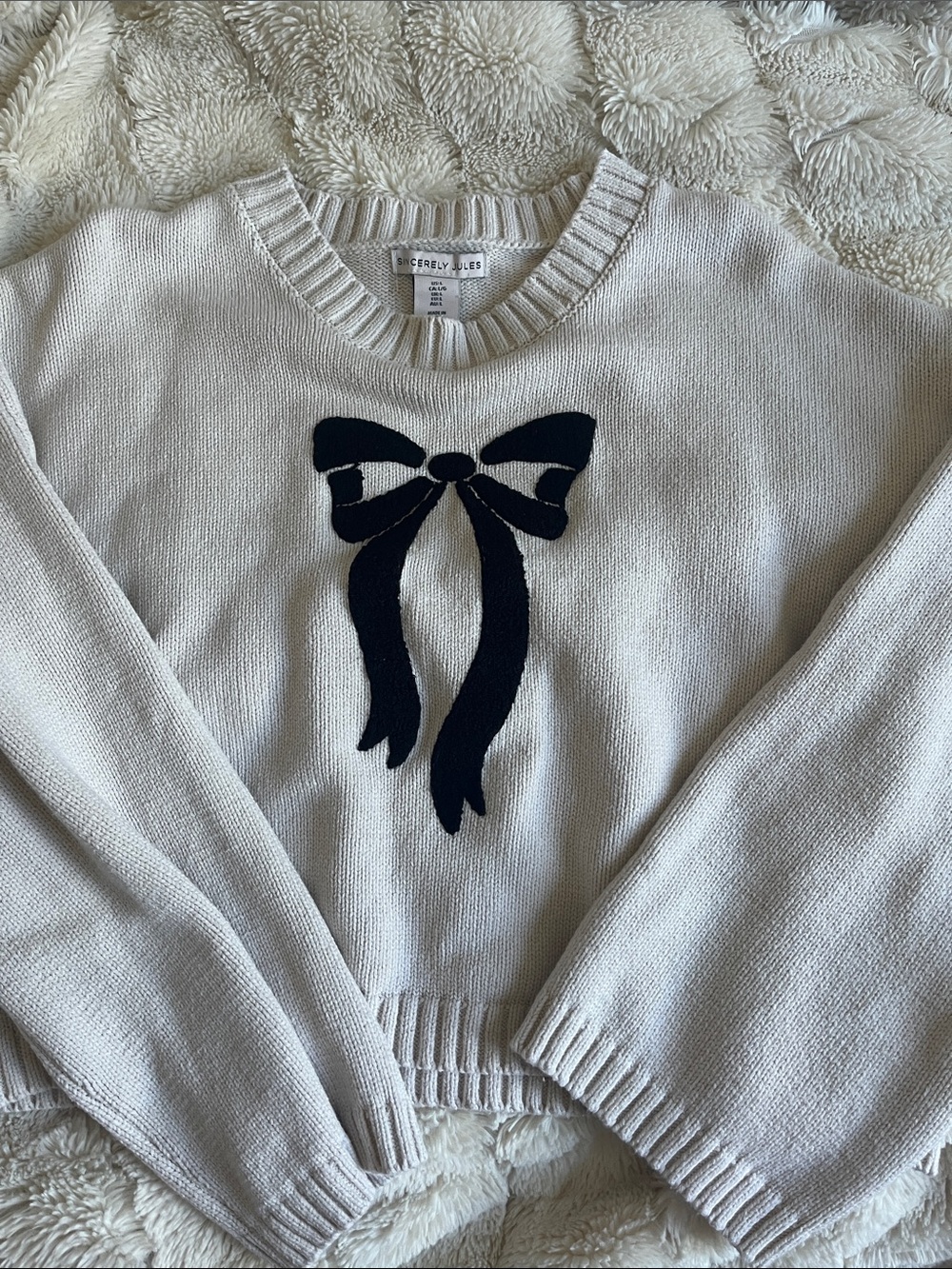 Sincerly Jules Cream Crewneck Sweater with Navy Bow